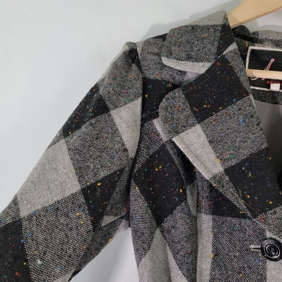 Women's Black/Gray Plaid Dress Coat Sz 11 Belted Cotton Blend Pocket Academia - Picture 3 of 11